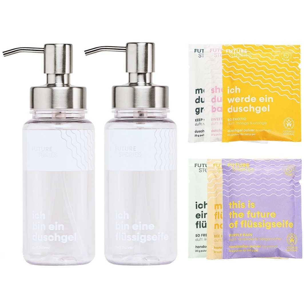 Voordeelset Douchegel & Vloeibare Zeeppoeder Met Alle 6 Soorten Inclusief 2 Pompdispensers 1 Voordeelset Douchegel & Vloeibare Zeeppoeder Met Alle 6 Soorten Inclusief 2 Pompdispensers